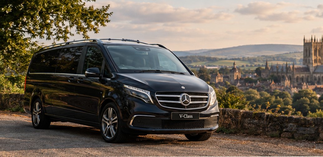 Rich's black Mercedes V-Class on a lane above Wells, with the cathedral beyond