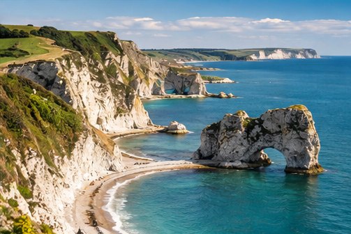 Durdle Door and the white cliffs of the Jurassic Coast above a turquoise sea